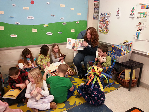 Mrs. Rowe Reads During Kindergarten’s First “Flock Party”