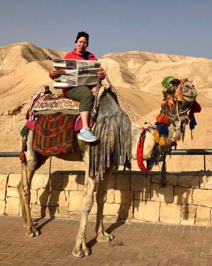 Linda McGrail Reads the Beacon While Seated on a Camel in the Negev Desert