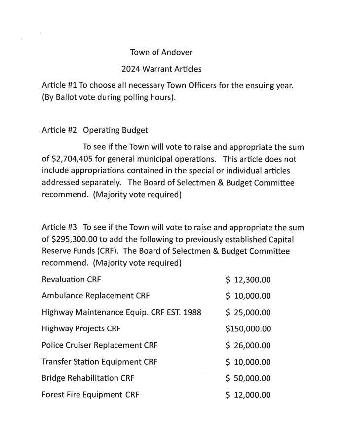 Warrant Articles for Andover Town Meeting, March 12