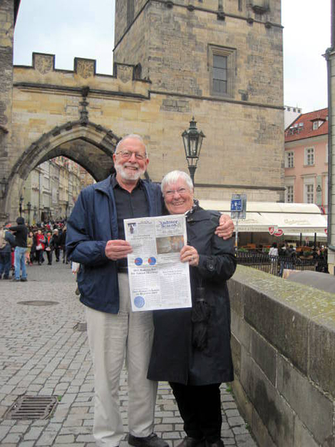 Ed and Mary (Becky) Hiller paused with their Beacon on the 14th-century Charles Bridge in Prague, Czech Republic.
