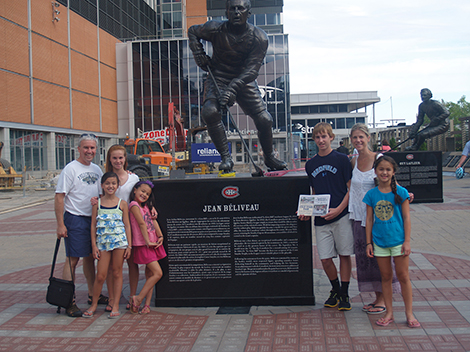 The Le-Grant family of Medfield, Massachusetts, took their copy of The Andover Beacon on a trip to Montreal and the Belle Centre (formerly known as the Montreal Forum). Left-to-right are Chris Grant, Sidney Le, Abby Grant, Madaleine Le, Danny Grant, Simone Le, and Hannah Le.