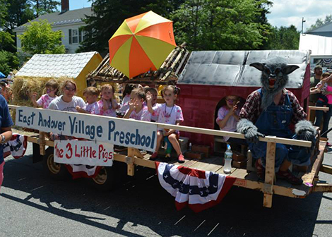 East Andover Village Preschool won first place in the Andover Fourth of July parade with their "Three Little Pigs" float.