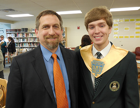 Trenton Bonk of Andover was recently inducted into the National Honor Society, being recognized for leadership, service, character, and scholarship. Trenton has attained a 4.0 GPA in his four years at Bishop Brady High School in Concord. He is pictured with his principal, Trevor Bonat. Caption and photo: Herbie Bonk