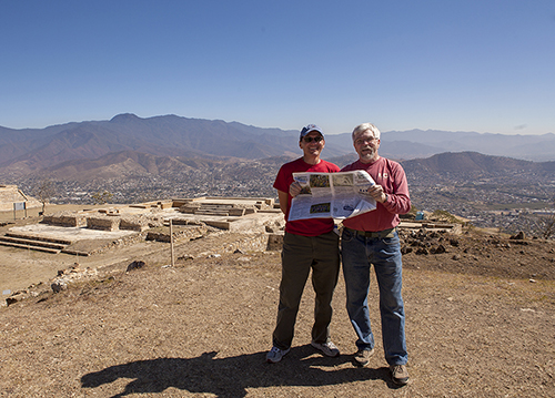 Jay Fitzpatrick of East Andover (right), and friend Steve Tripoli of Sudbury, Massachusetts, read The Andover Beacon at the Atzompa Ruins in Oaxaca, Mexico. They recently spent two weeks in the state of Oaxaca, visiting the Pacific coast, mountain regions, and the city of Oaxaca and surrounding towns. Photo: Rafael Lem
