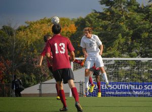 Thaddeus Bicknell (white jersey) is one of many AE/MS students to thrive at Proctor Academy. Thaddeus earned MVP honors for his integral role on the soccer team this fall.