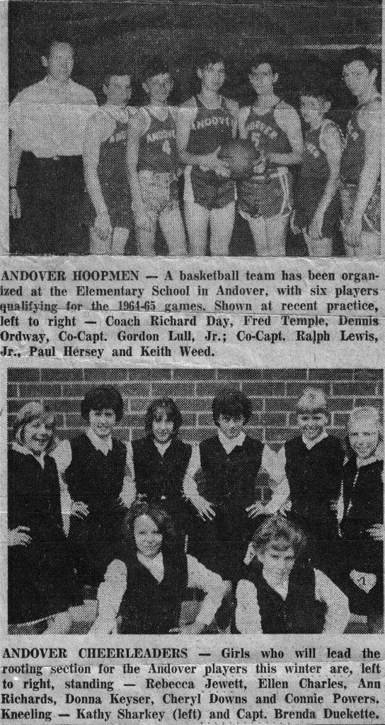 Luan Clark sent these photos, probably from 1964, to the Beacon after reading about the 1964 Andover Elementary School basketball team in the December/January issue of the Beacon. According to Luan, the final name in the boys photo is incorrect; she says that's Teddie Barton, not Keith Weed, on the right.