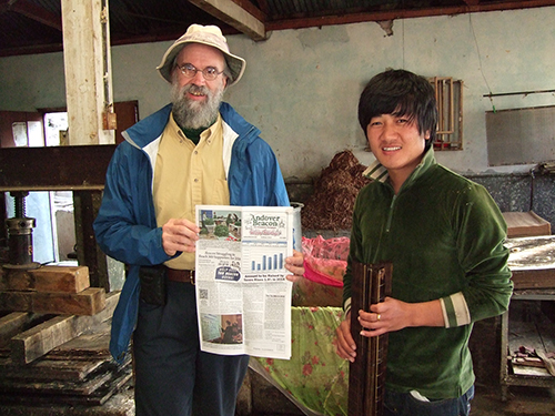 Charlie Darling visited the remote Himalayan country of Bhutan in early January. Besides visiting dozens of temples, monasteries, and shrines and trekking for four days at altitudes up to about 10,000 feet, he visited a small factory that makes paper by hand. Tschering Dorji demonstrated the process, then posed with Charlie and the Beacon. Tschering approved of the quality of the paper on which the Beacon is printed.