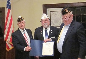 District 6 Commander Sam Zannini and Department Commander Bob Dionne presented the Department of New Hampshire 100% Membership Award to Andover Post 101 Commander Skip Powers. Post 101 was the fifth in the state to achieve this level through its latest membership drive.