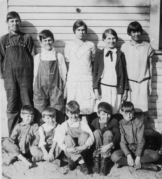 The children of Dyers Crossing School, October 1929: Front: Raymond Hersey, Richard Rayno, Rodney Emery, Kenneth Rayno, Albert Hoyt. Back: James Hersey, Dexter Emery, Virginia [last name unknown], Doris Vermette, Elsie Hersey. Miss Frances Farrar with their "Cadet Teacher."