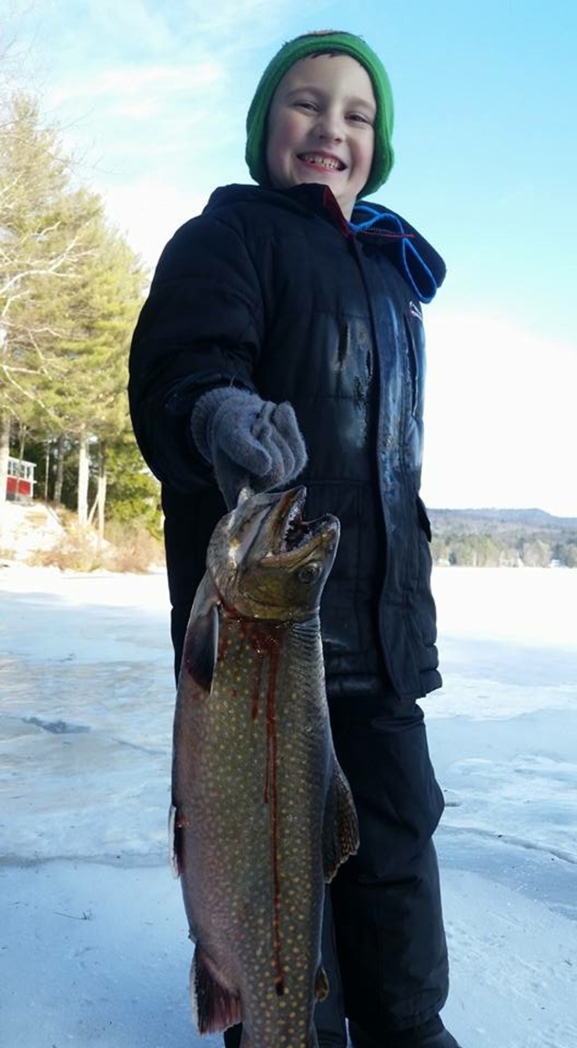 Dominick Delaney, a second grader at AE/MS, caught an 18¼, 4.1 lb female brook trout in Webster Lake on his first trip ice fishing on January 30. His family writes, Congratulations, Dominick! We are so proud of you! Love you! Mom, Kenny, Jeremy, and Dante.