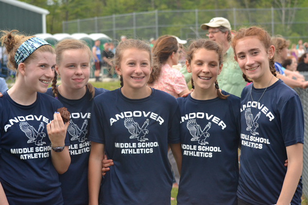 Six students from Andover Middle School's sixth grade qualified for the Small School Championship Meet on May 23 in Belmont. From the boys' team, Jesse Niemeyer qualified for the long jump. The five girls pictured here -- Maura Kelly, Sasha MacKenzie, Lily Menard, Brynne Makechnie, and Sophia Reynolds -- qualified for 10 different track and field events among them.