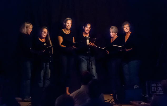 The Time Travelers, an a capella group that includes Cindy Benson of Andover (third from left), sang Blackbird and Java Jive at the May coffeehouse in East Andover. Photo: Steve Colardeau