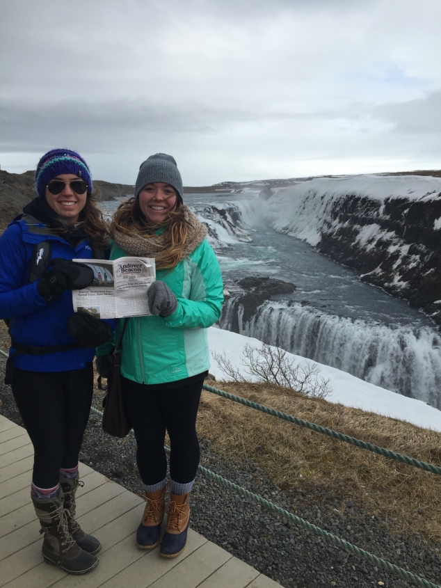 Emily and Marissa Laro and their Beacon at the Gulffoss Waterfall in Iceland.